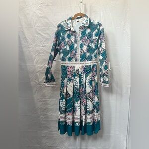 Teal Printed Long-Sleeve Midi Dress with Collar